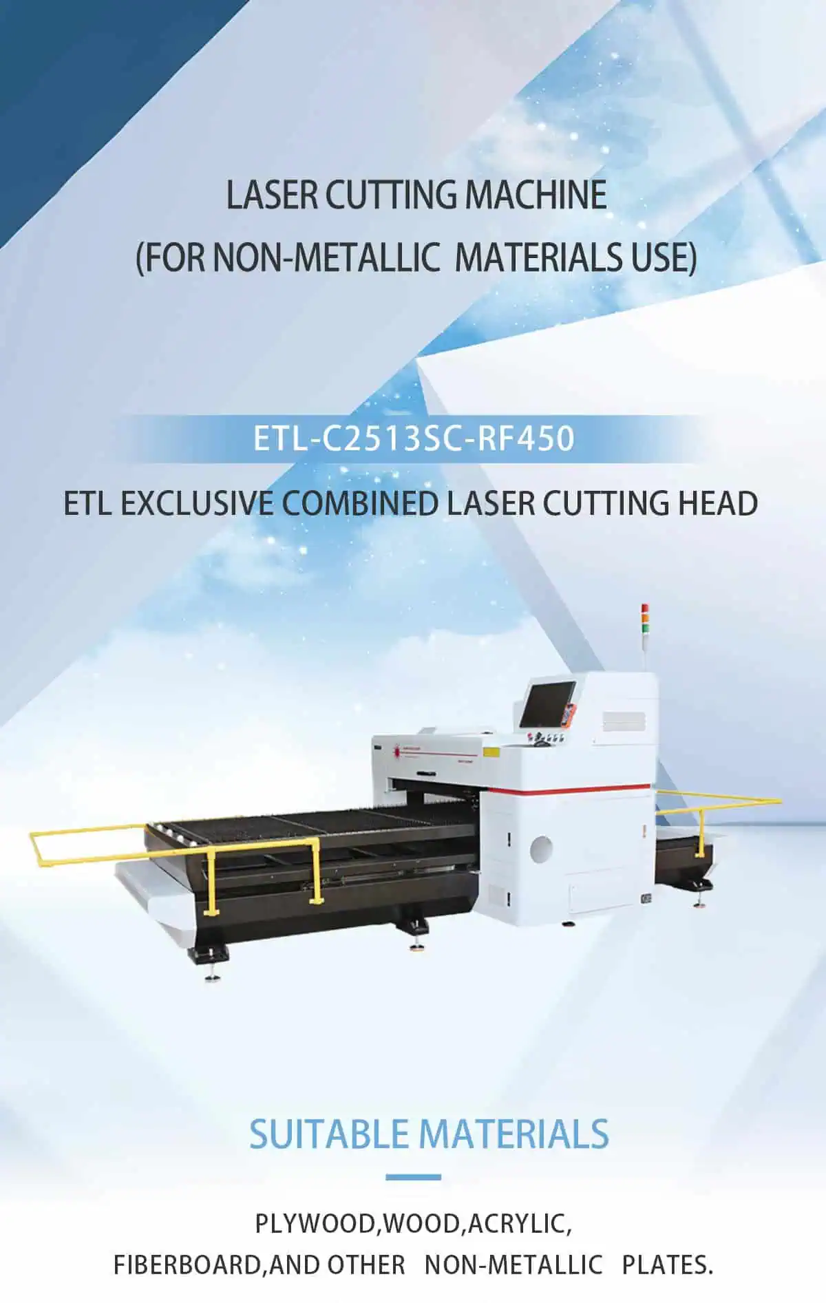 Large format CO2 laser cutting machine model C2513SC-RF450 featuring a 450W RF metal tube and a compact industrial chassis.
