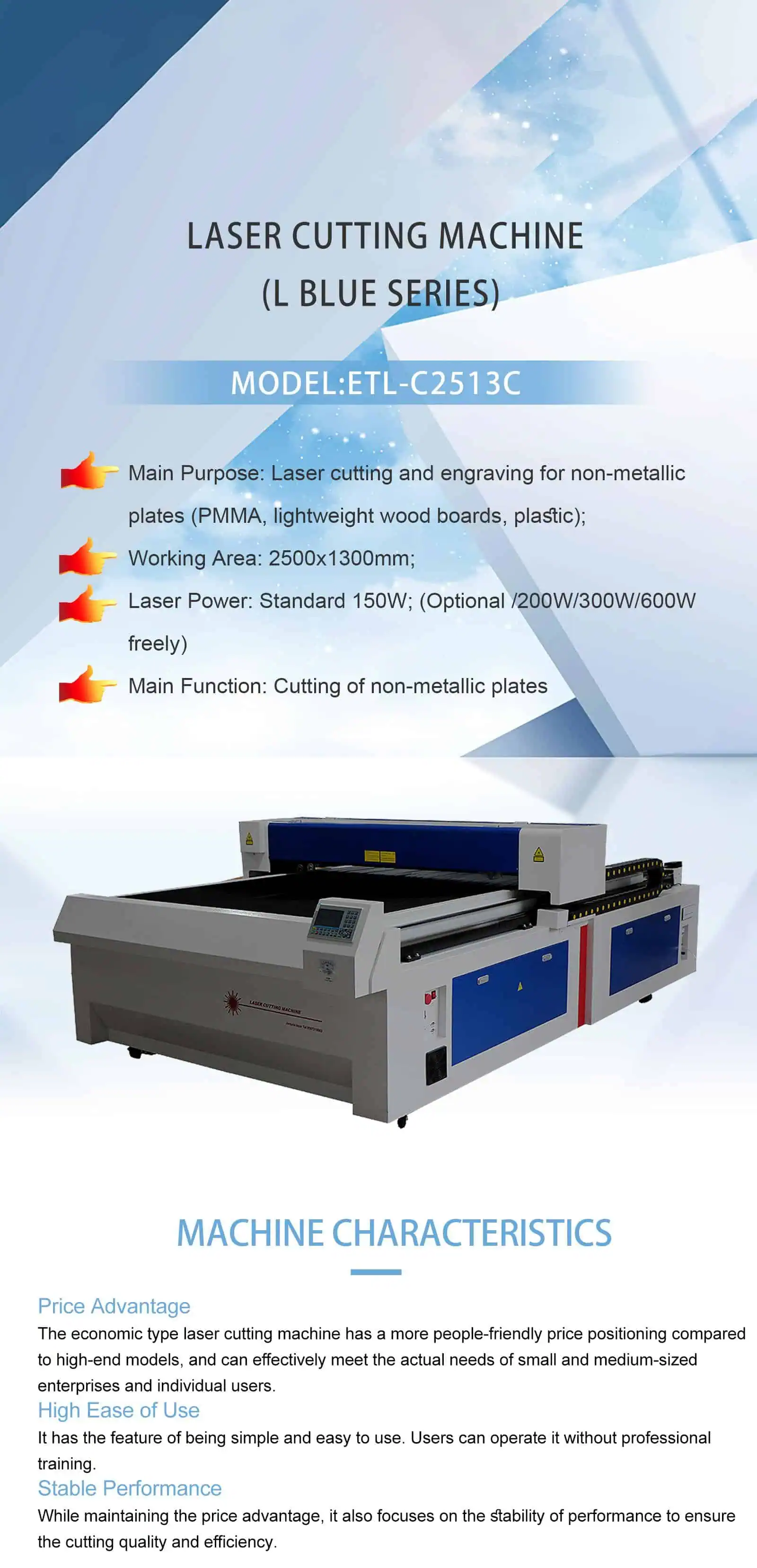 ETL-C2513C large format CO2 laser cutting and engraving machine for acrylic and wood sheets.
