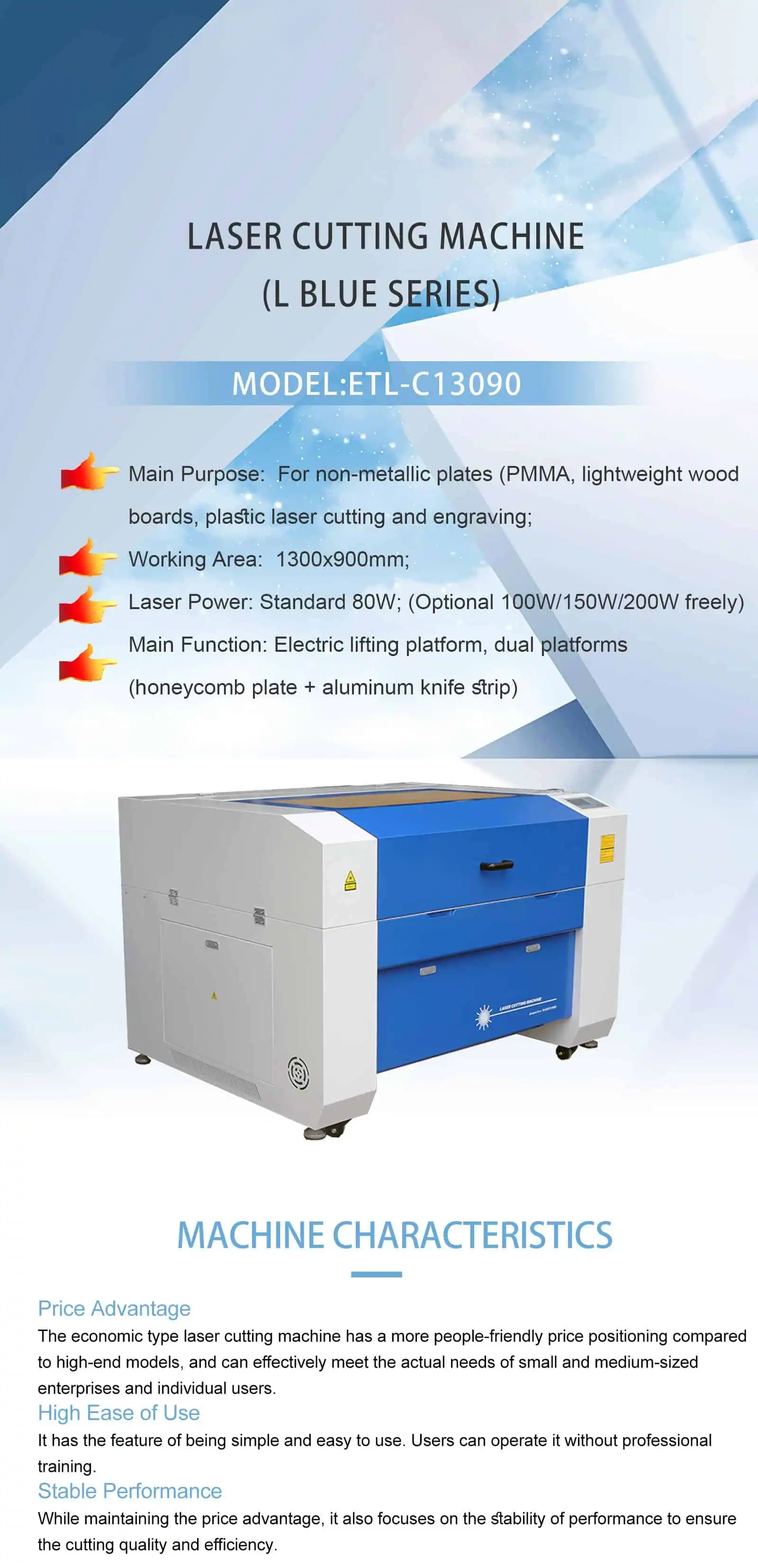 ETL-C13090 industrial CO2 laser cutting machine featuring a 1300x900mm large worktable, fully enclosed safety housing, and transparent observation windows.