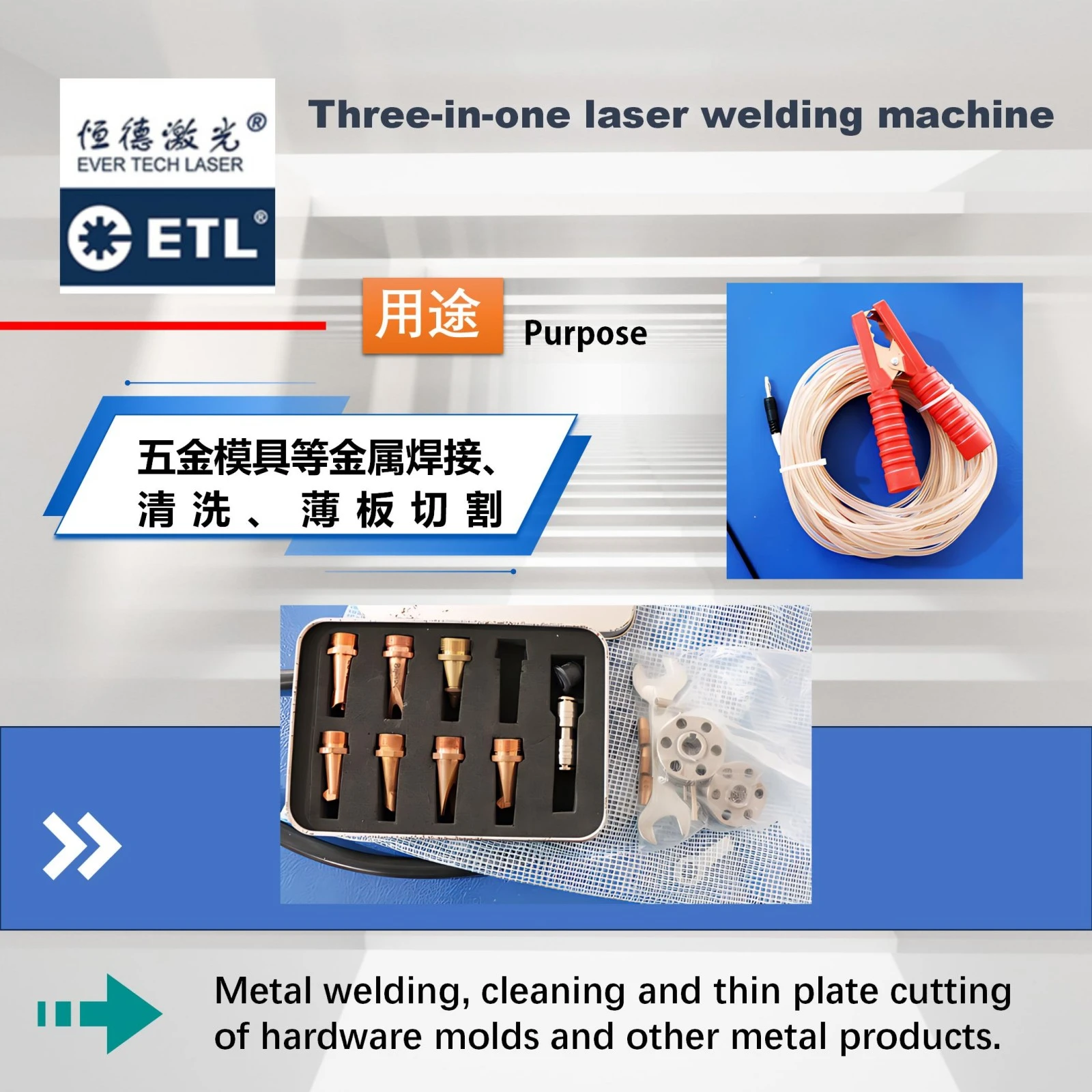 Ergonomic handheld 3-in-1 laser torch with quick-change nozzles for ETL-LS2000 welding and cleaning.