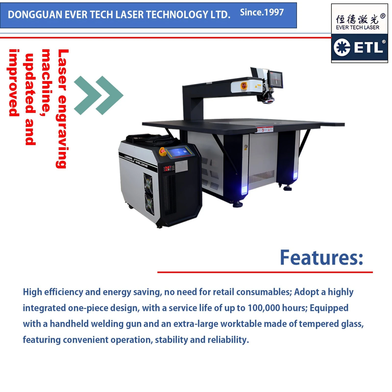 Handheld ETL-LS750 fiber laser welder with ergonomic welding gun for industrial metal fabrication.